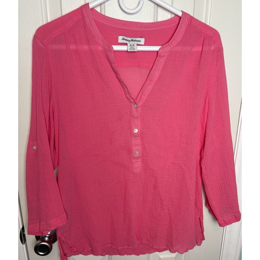 Tommy Bahama Pink Cotton Gauze Roll Tab Sleeve Tunic Blouse Medium